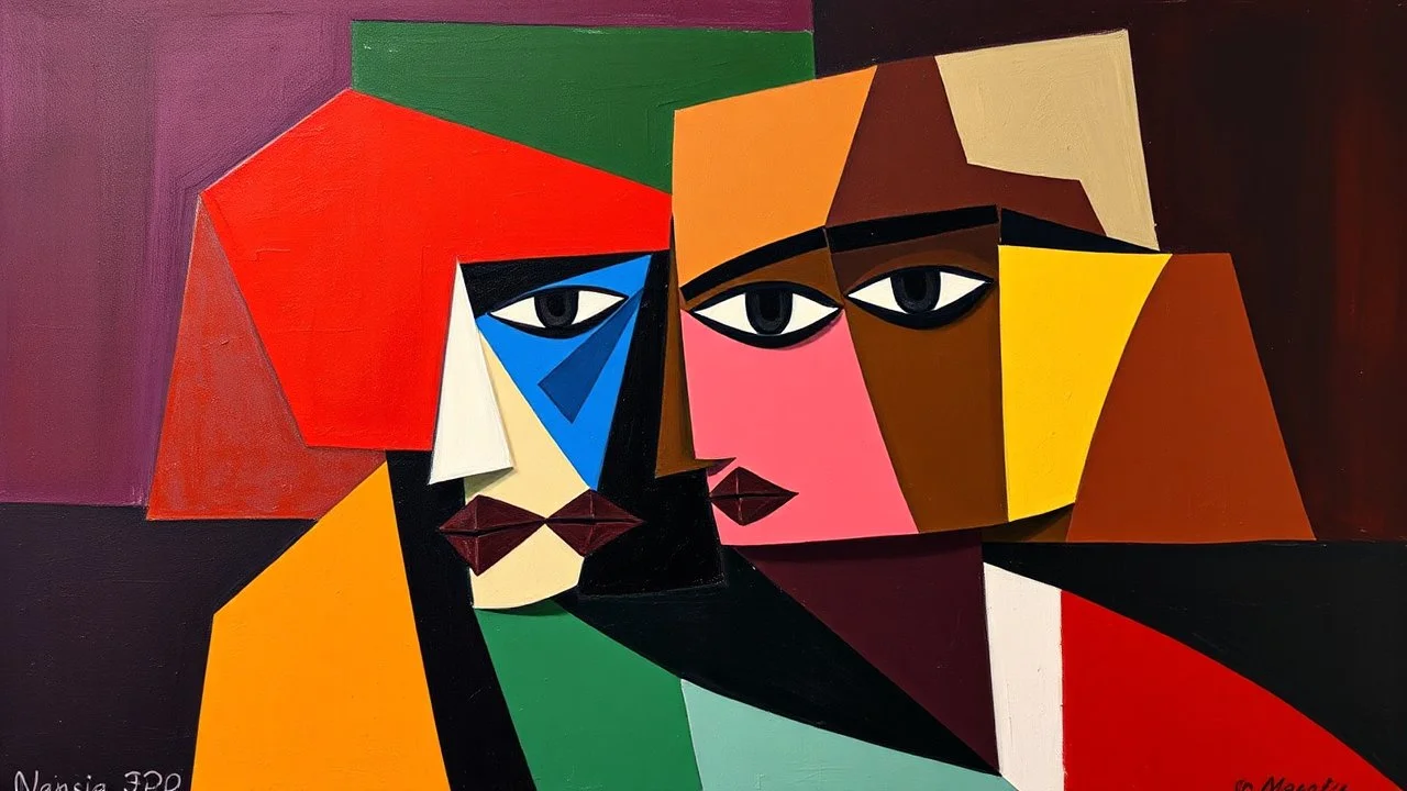The painting is a Cubist masterpiece, characterized by its geometric and abstract style. The painting features a collage-like composition with bold, angular shapes in a variety of colors, including deep reds, blues, greens, yellows, and blacks. The background is a gradient of dark purples and maroons, creating a sense of depth and space. The central focus is a series of overlapping, abstracted forms that resemble fragments of faces and objects. The shapes are rendered in sharp, defined lines, wi