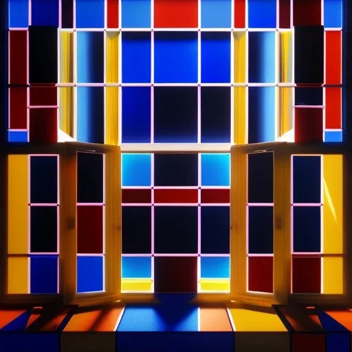 Hyper realistic piet mondrian stained glass window with lead, 4k, sunny day outside, reedglass, ambient glow