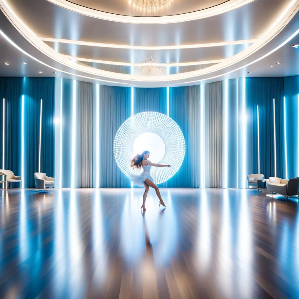 beautiful dance stage with a beautiful girl dancing in luxury modern hall dynamic lights, modern furniture light blue & cream theme