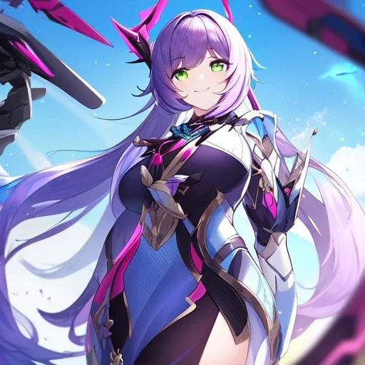 Clear focus,High resolution,High quality, Smiling, Purple long fluffy hair, Green eyes, Wearing a pink mech uniform, Honkai Impact Star Rail