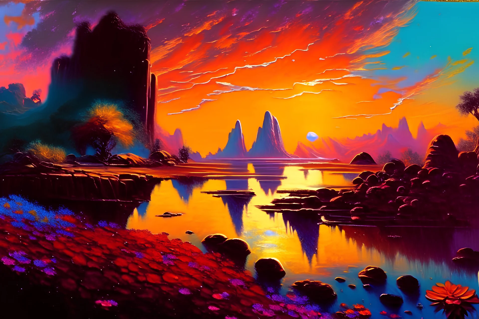 Beautiful epic sunset, logan's run 1976 movie influence, cosmic, people, rocks, river, flowers, very epic and philosophic, otto pippel impressionism paintings