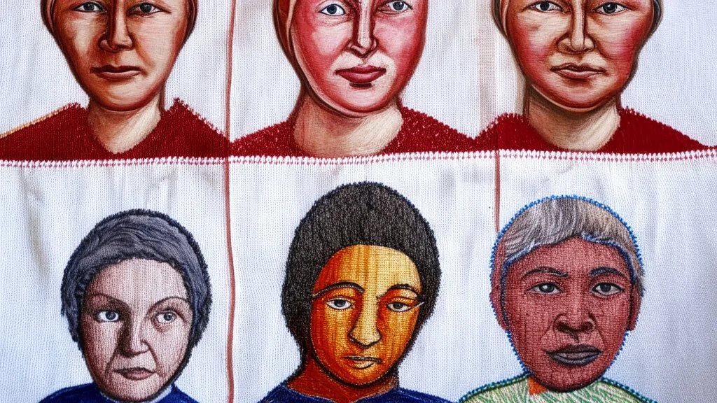 Make a Wide Fabric Panel of embroidery of 5 portraits, sew with threads, tapestry