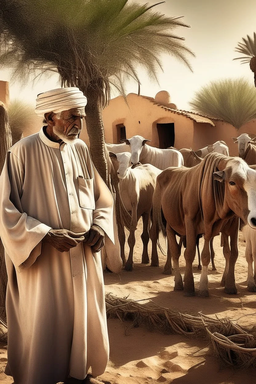 old man, Arab, turban, white clothes, cattle, desert, council, sun, palm trees, mud houses