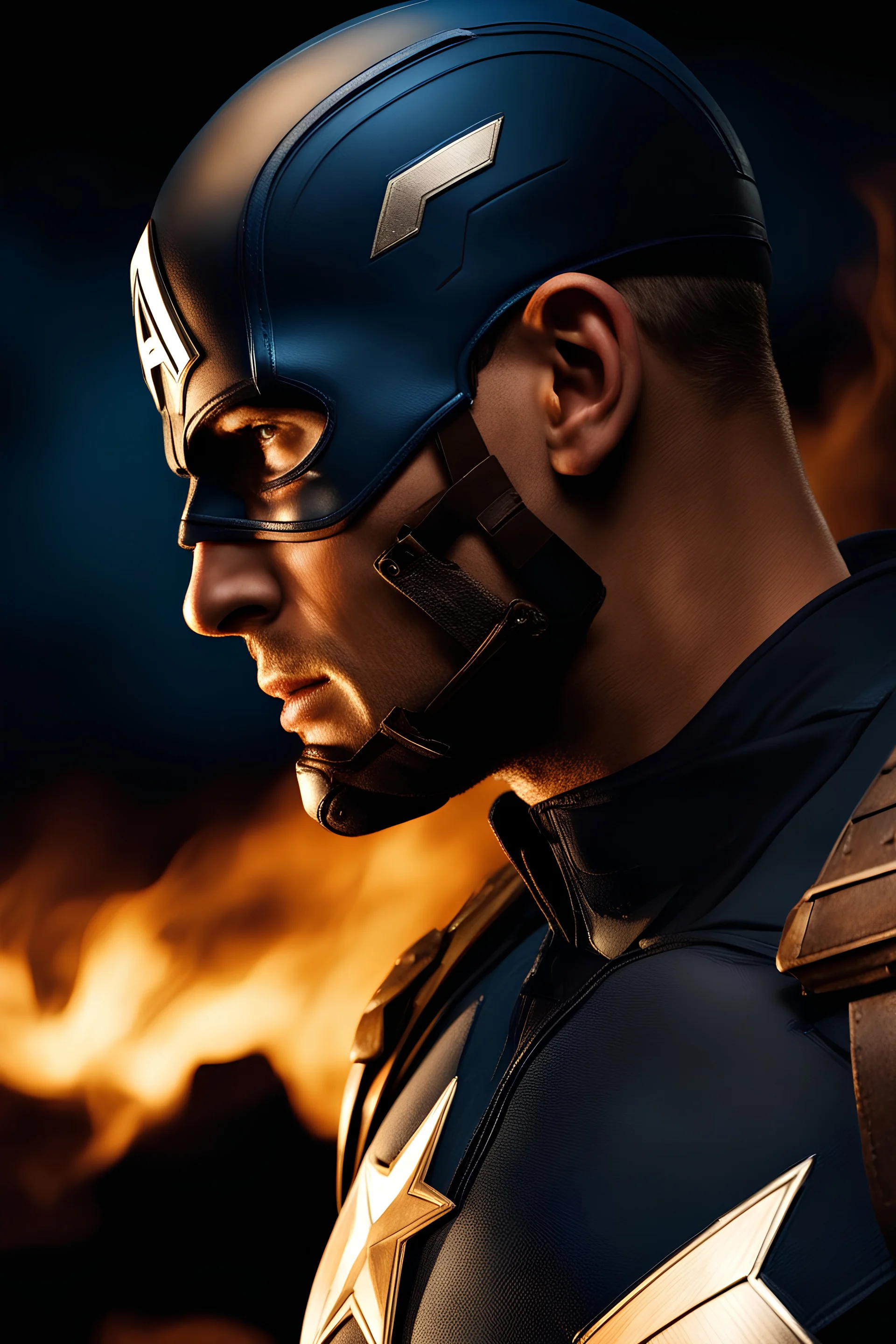 3D Portrait of Alan Ritchson as Captain America, perfect body, perfect face, perfect eyes, dark hair, glamorous, gorgeous, delicate, romantic, realistic, romanticism, blue tones, Boris Vallejo - Pitch black Background - dark, wood panel wall in the background - fire, fog, mist, smoke