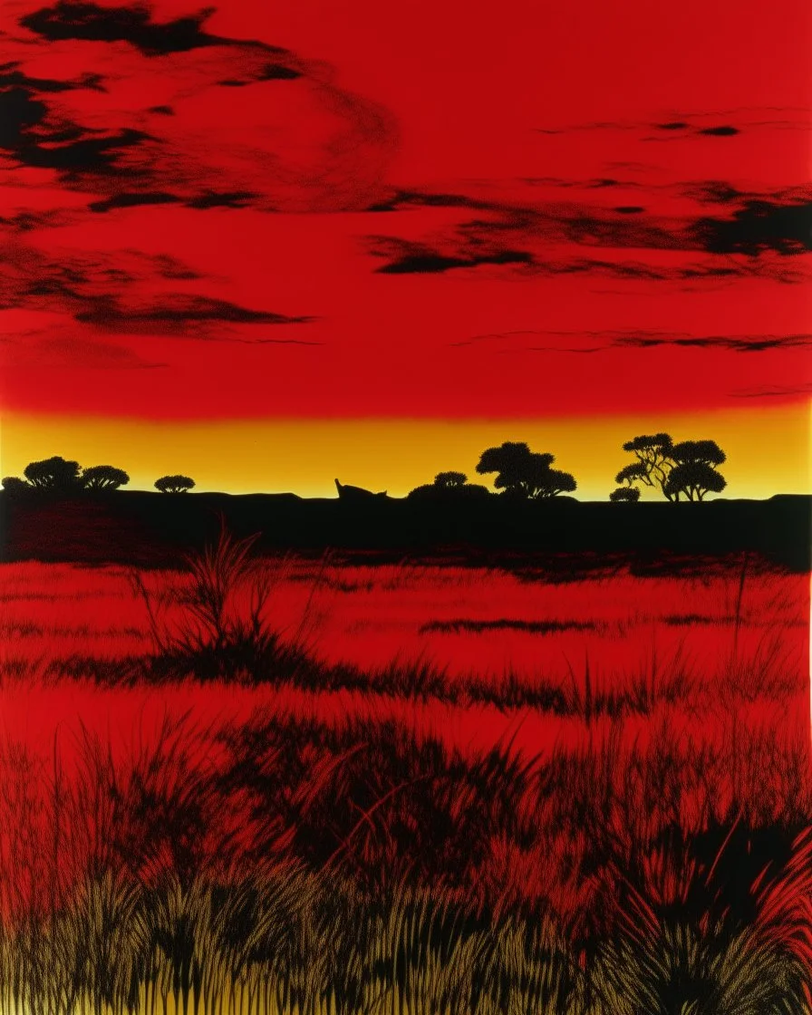 A dark grayish red fiery savanna painted by Andy Warhol
