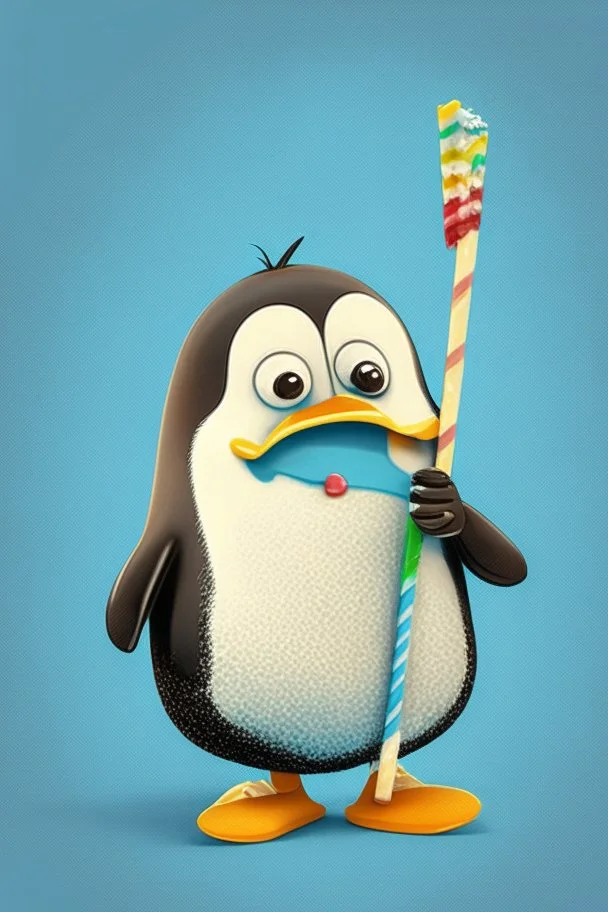 Cartoon character penguin eating lolly stick