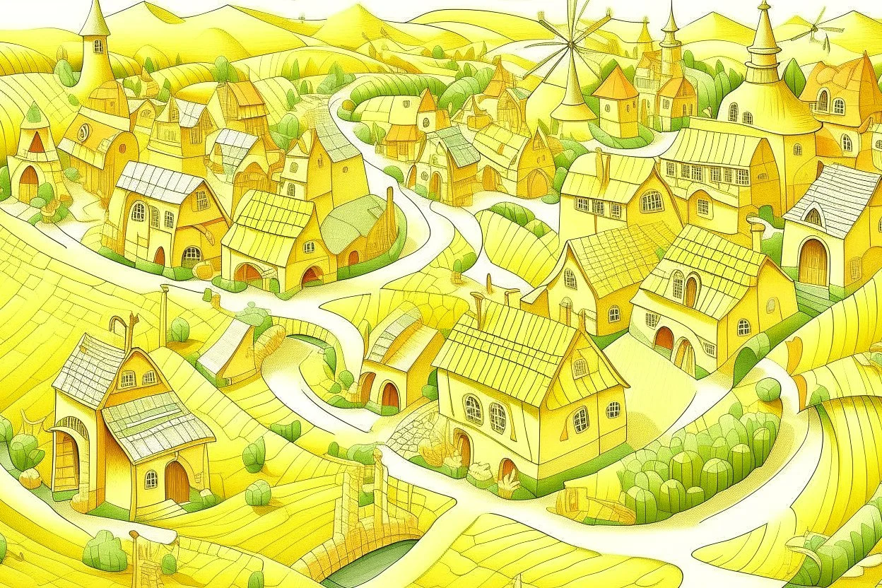 A light yellow village with windmills painted by MC Escher
