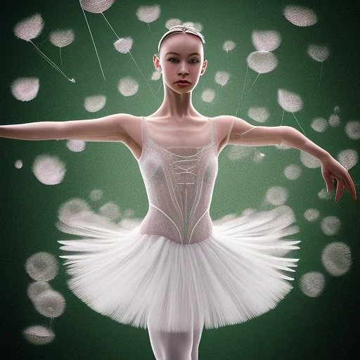 a ballerina seen from the side stands on tiptoe with one arm gracefully outstretched, in the other hand an umbrella of very fine mesh net, on the edge are mounted dandelion seed pods, tulle dress, on the edges are mounted dandelion seed pods, dandelion seed pods and loose seeds fly around her, some have fallen to the ground, faint soft peachy light in front of her that colors her dress and umbrella and dandelions peachy, background is dark blue, floor is blue