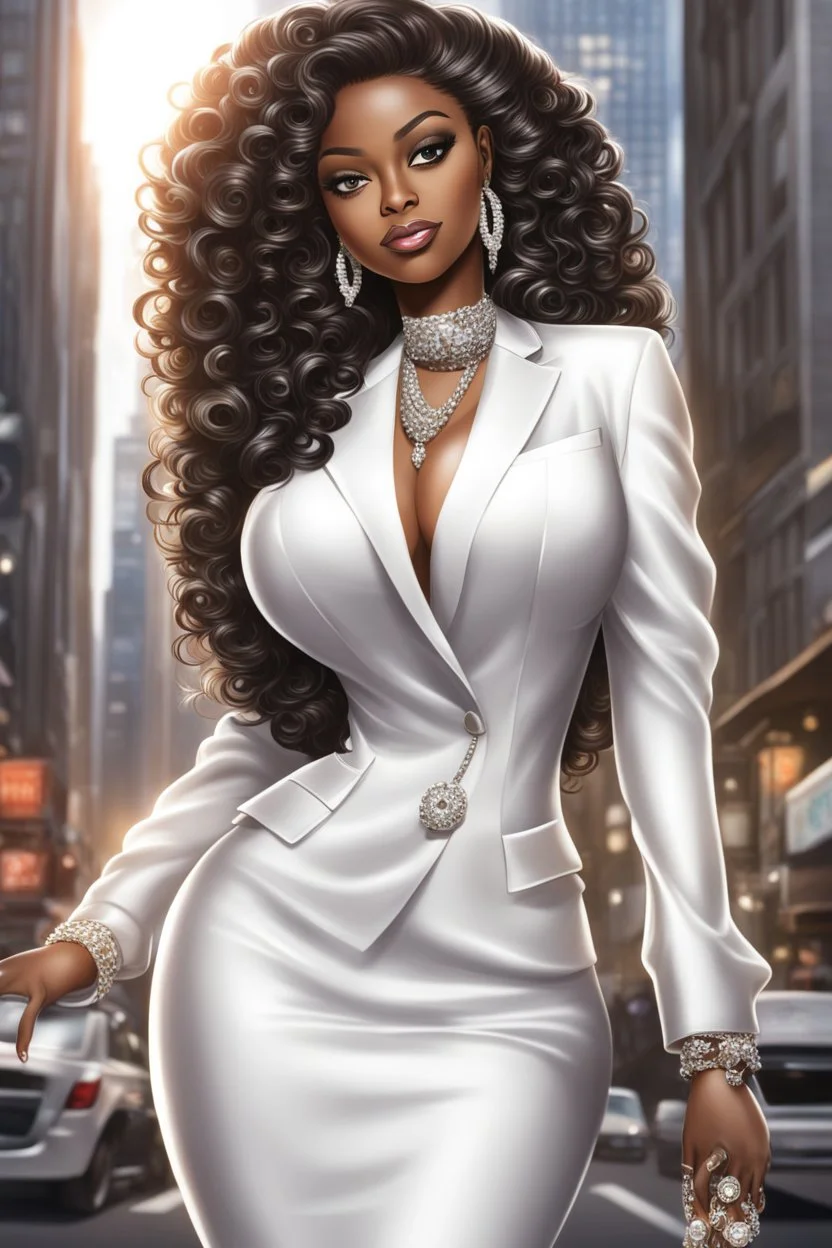 Create a digital airbrush cartoon of a curvy African American female wearing a white business suit with white heels. Prominent make up with hazel eyes. Highly detailed very long extremely curly black hair. She is wearing silver and diamond Jewely that shines of the lights. Her skin is smooth and silky. Background of a busy city street