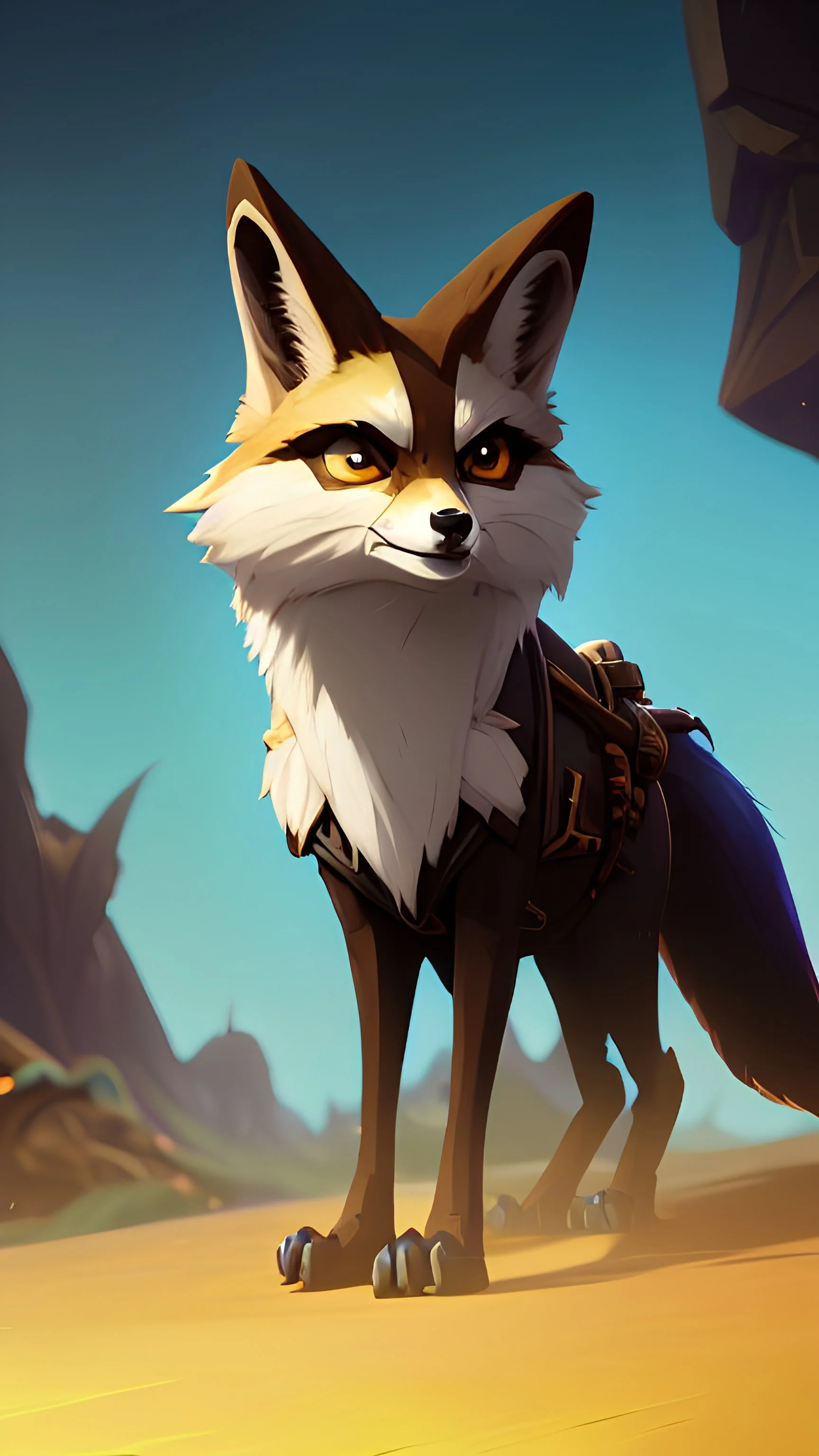 Fennec like creature, big furry tail, golden fur, dark nose, pointy dark ears, big eyes, in desert. D&D, fantasy, intricate, elegant, highly detailed, digital painting, artstation, octane render, concept art, matte, sharp focus, illustration, hearthstone, art by Artgerm and Greg Rutkowski and Alphonse Much