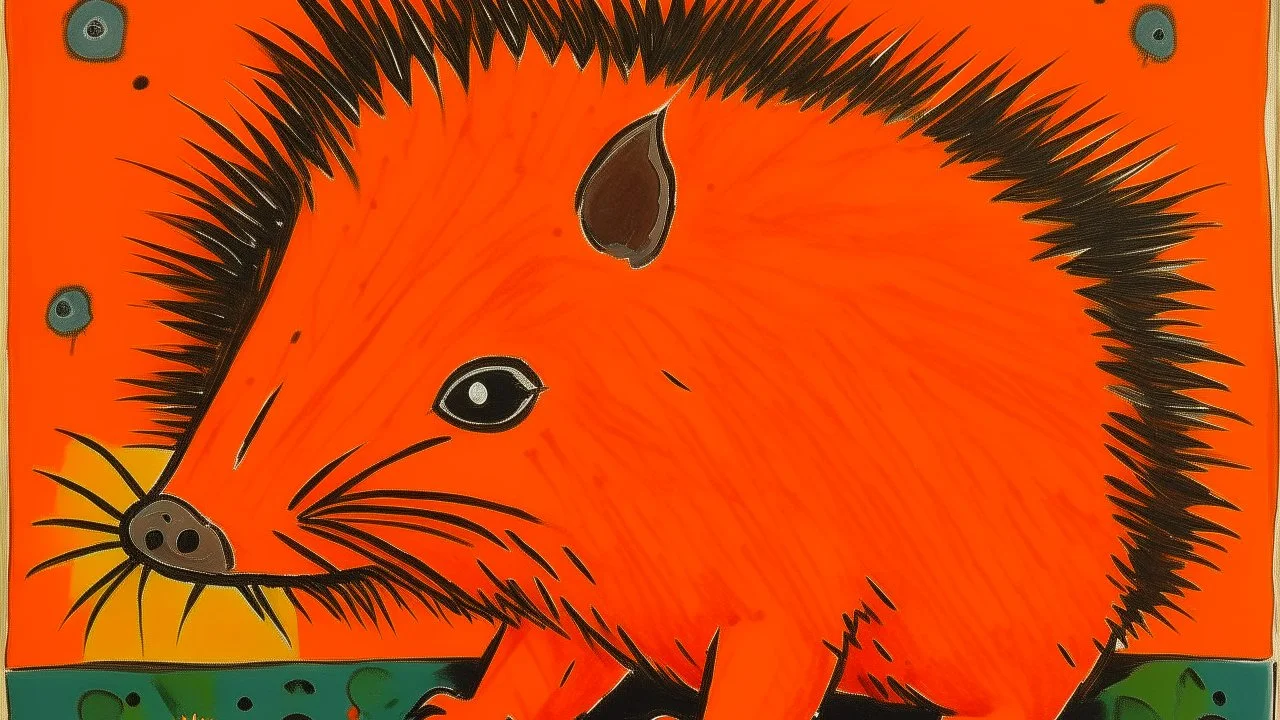 An orange colored earth elemental porcupine designed in Moroccan rug art painted by Pablo Picasso