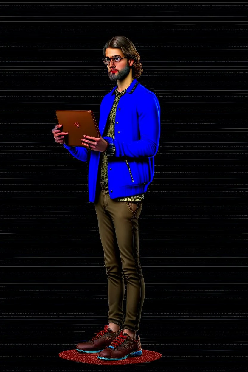 Modern guy, 20s, holding laptop, hand lower, looks like a renaissance painting, "standing forward", full body