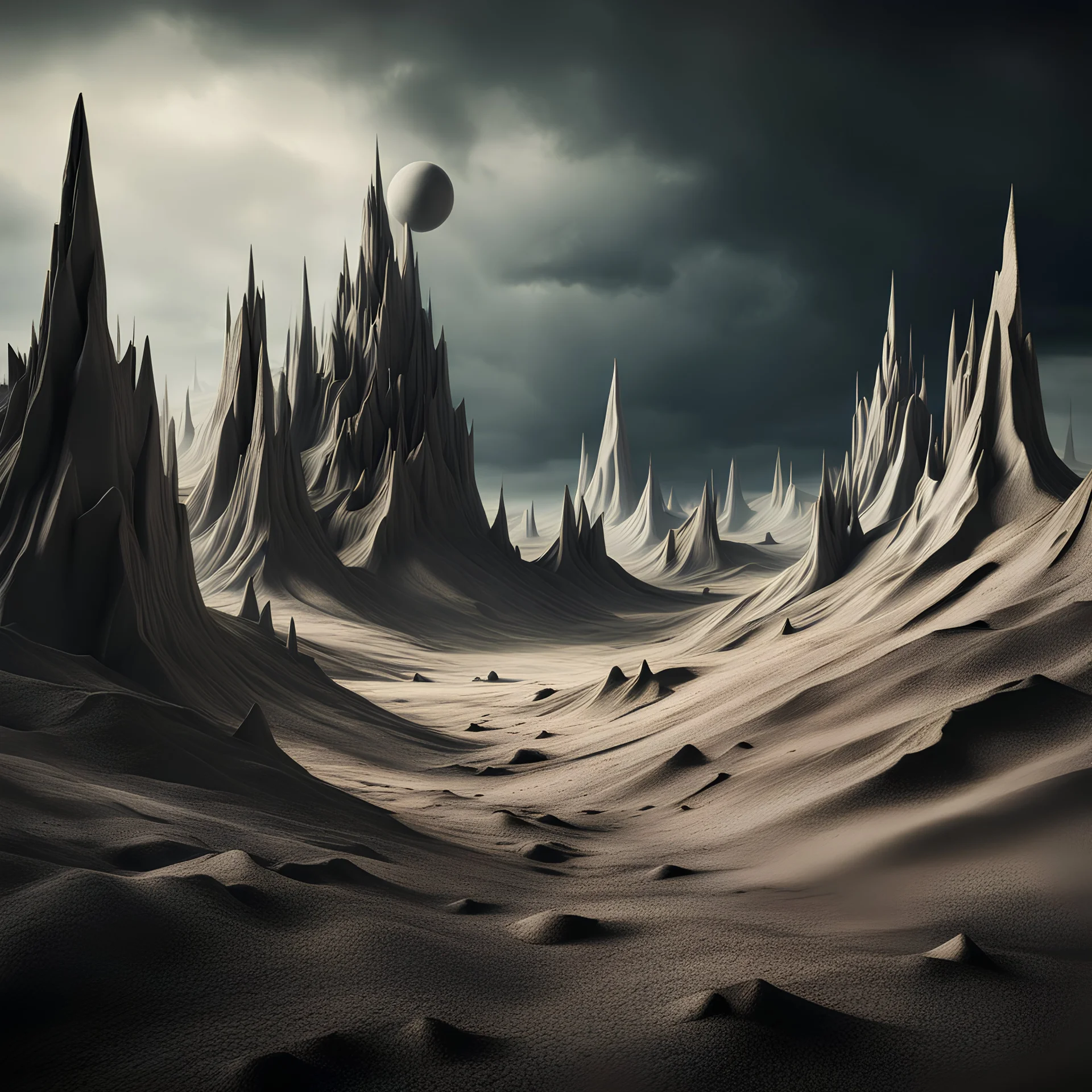 Creepy landscape, strong texture artistic polaroid volumetric light, dramatic, Yves Tanguy, 4k, 3d