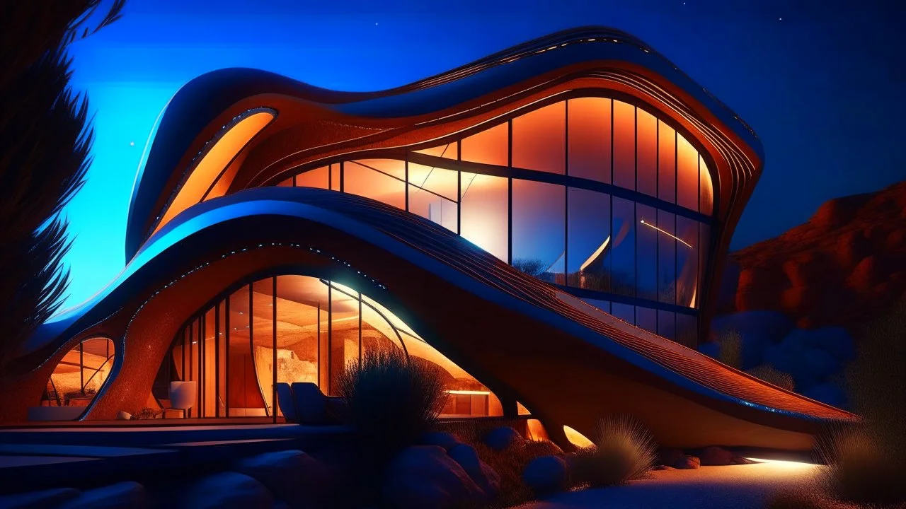 mysterious retrofuturistic house, designed by santiago calatrava and zaha hadid industrial design by oscar niemeyer, in the style of frank lloyd wright, octane render, raytraced, 4k, glowing lights, ray tracing, volumetric, vivid color, unreal engine, trending on