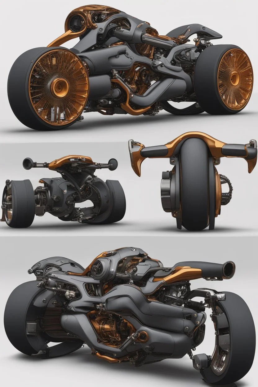 An advanced motorcycle with four wheels and a turbo jet on the back