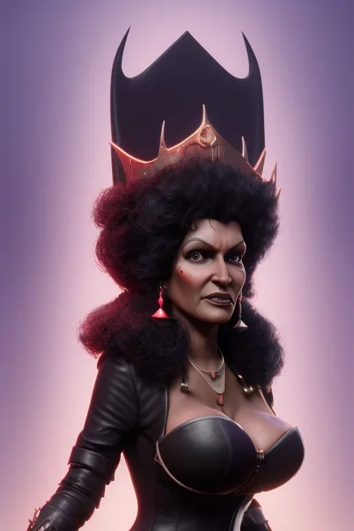 Pam Grier as evil queen in black leather, leather, busty, cleavage, angry, stern look. character design by cory loftis, fenghua zhong, ryohei hase, ismail inceoglu and ruan jia. unreal engine 5, artistic lighting, highly detailed, photorealistic, fantasy