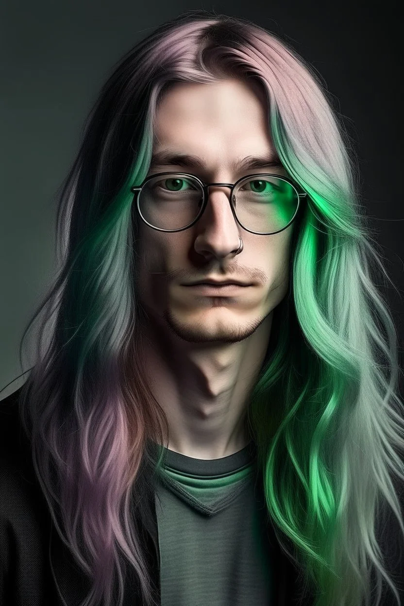Alien male, with unnatural colored long hair. Soft style with glasses