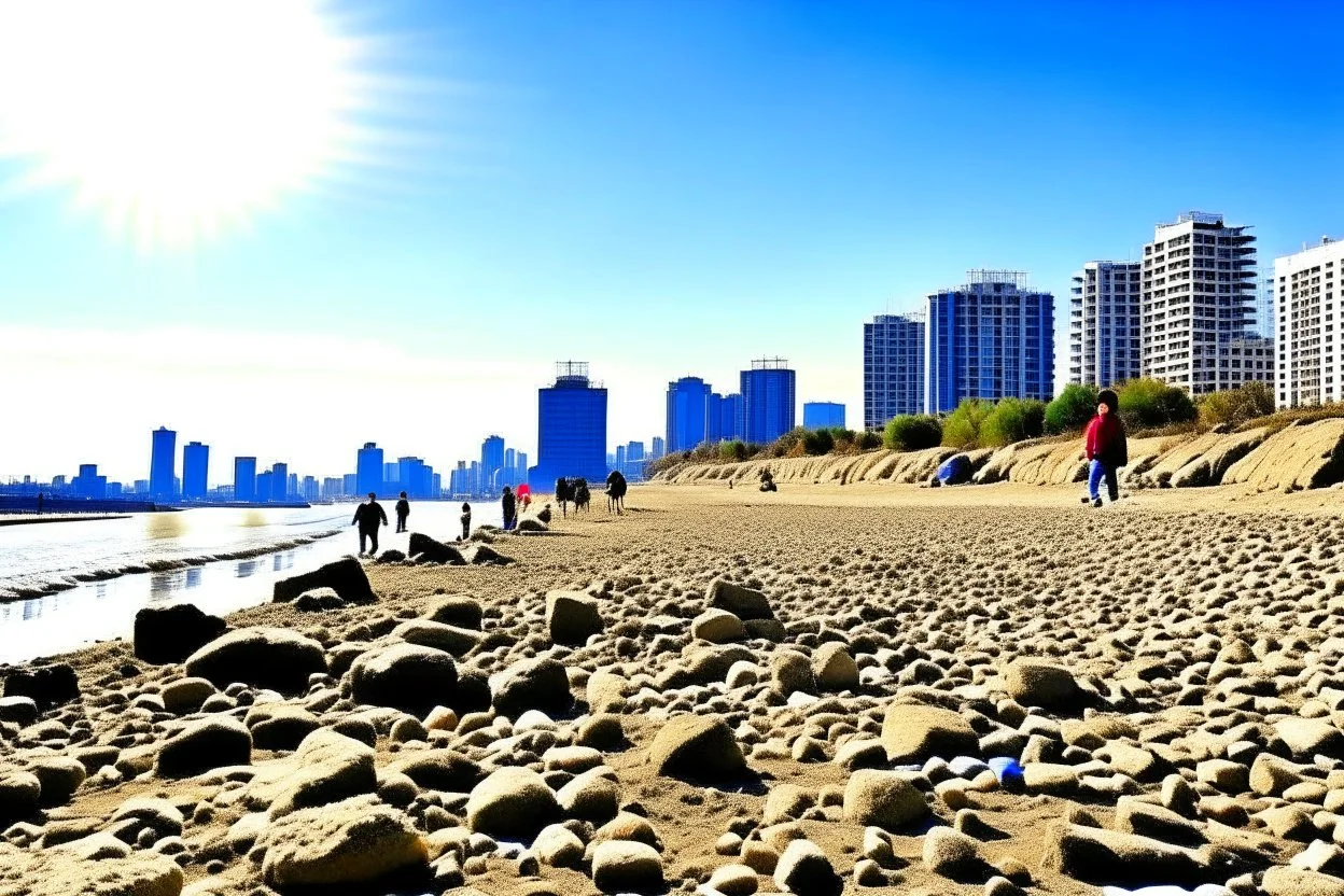 Sunny day, people, rocks, sand, distant modern city