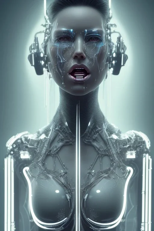 cyberpunk, white latex body, women, portrai, open mouth, perfect skin, tron, cyborg , perfekt, real, dream, hr giger