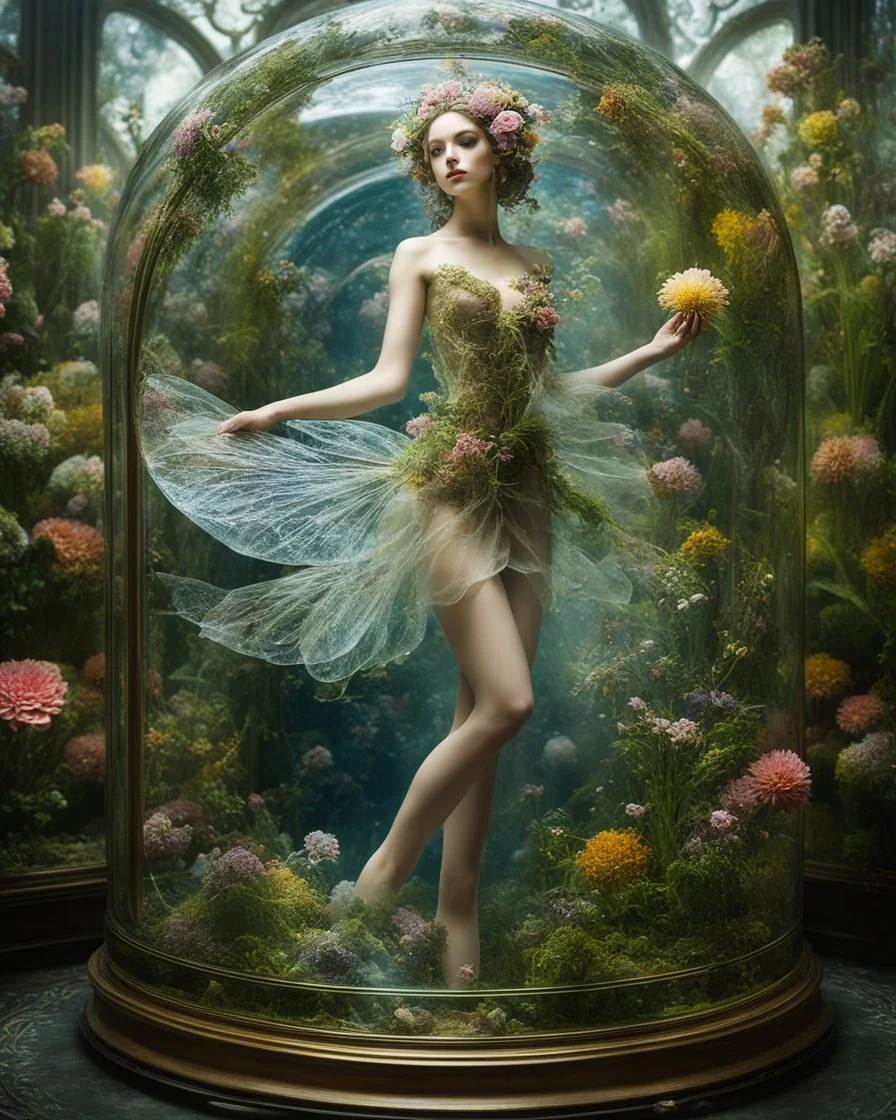 Photography Thil shift The beautiful fairy girl fly in case glass box is an abstract concept that refers to a world made entirely of flowers or plants, often in a fantasy or mythical setting. The flower planet in this image appears to be a baroque world, with ornate spiral patterns and intricate designs.