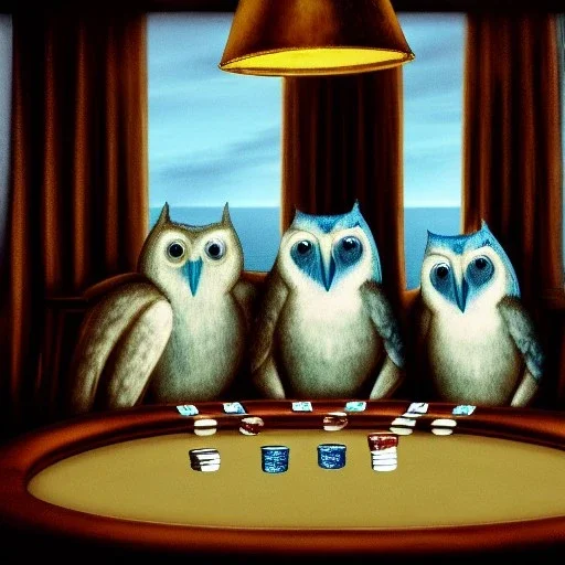 orage to blue, group of owls playing poker in 1945, wisky bottles , bar iterior, dollars on the table, rendering, cinematic, A WINDOW OUTSIDE IS RAINING AND NIGHT, realtistic, photo