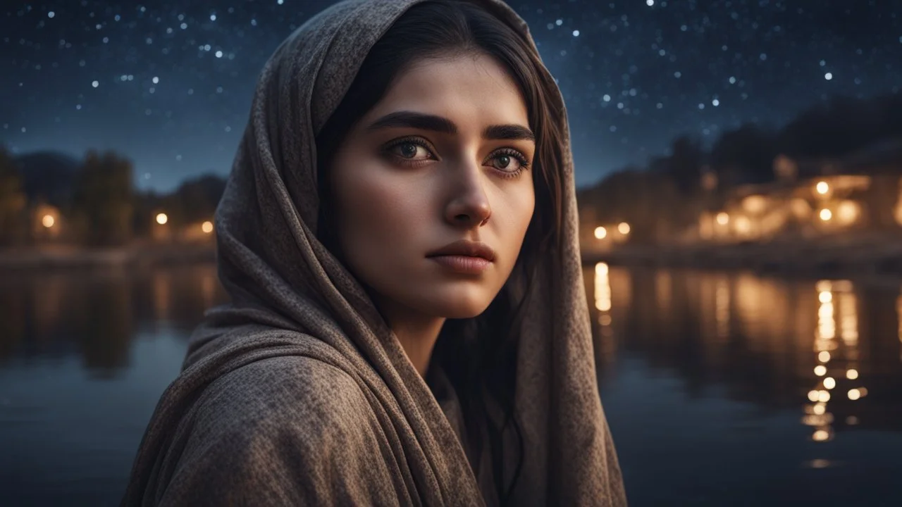 Hyper Realistic closeup-low-angle-view of a Sad-Young-Beautiful-Pashto-Woman riverside at dark-village-night with stars on sky