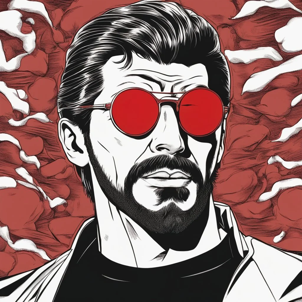 a young man with big muscles who looks like hans gruber wearing a turtleneck and red sunglasses staring with an angry look on his face