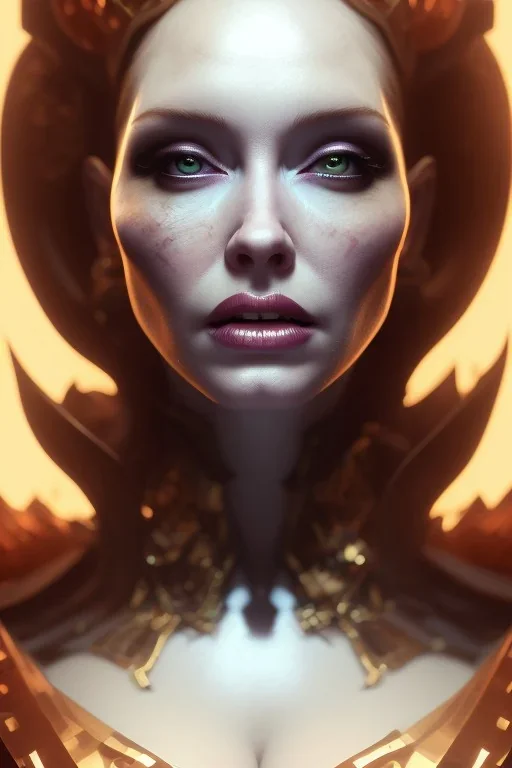 Christina Hendricks as evil queen in black leather, cleavage, angry, stern look. character design by cory loftis, fenghua zhong, ryohei hase, ismail inceoglu and ruan jia. unreal engine 5, artistic lighting, highly detailed, photorealistic, fantasy