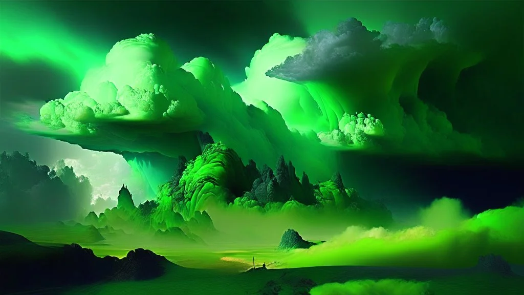 Phantasy landscape with dramatic cloud in peridot color