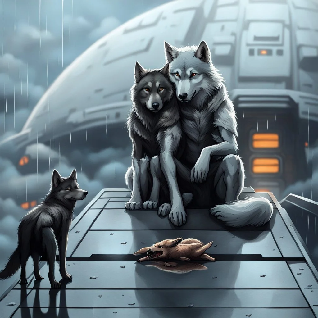 digital art front in picture an of little dark dog like creature stands and looking an anthropomorphic wolf couple sitting on the spaceship's ramp close together, the pale gray female wolf sits behind strong male wolf and puts one paw on the dark gray wolfman's shoulder, raini day, on ramp a little piece of meat lies down, high contrast, high detalied, high realistic, in background detail of an angular spaceship visible. Rain, The atmosphere is a seamless blend of sci-fi, dark fantasy