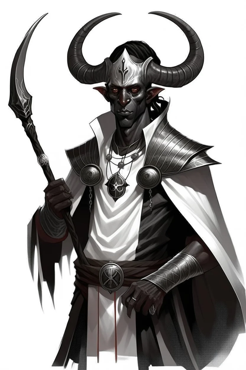 En Young male black skin black hair tiefling Wizard with large horns glowing Silver and White symbols Everywhere on his body. He's wearing silver and White Rope and a silver cloak. His horn a perfectly place on acet from the front to the back pointing upwards with glowing Red cat Eyes holding a quarterstaff. His close is elegant get simple his horns Are Same size. En his other hand his casting A Spell