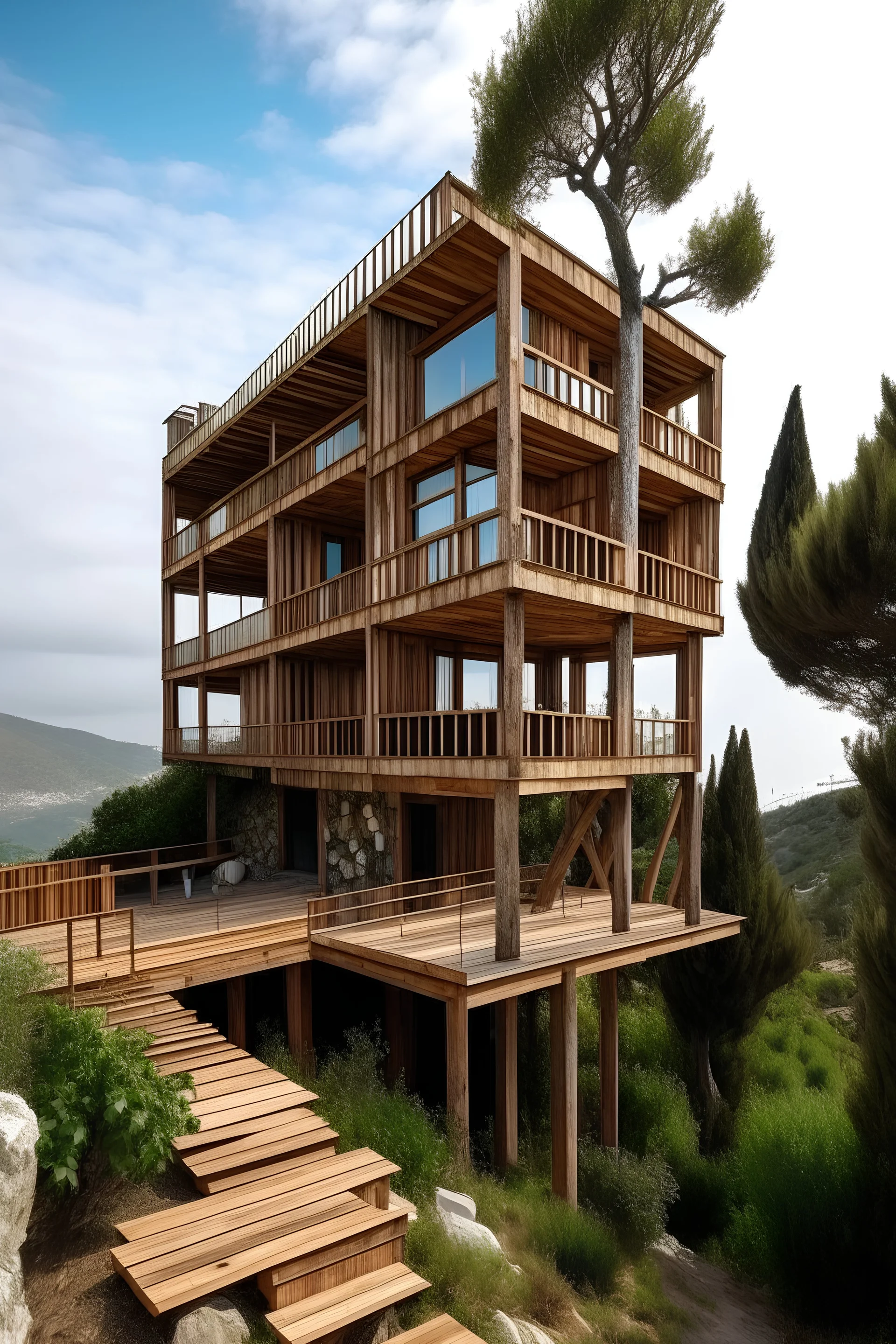small hotel built of wood with 4 levels of height and views of the sea, located on a sloping plot of land
