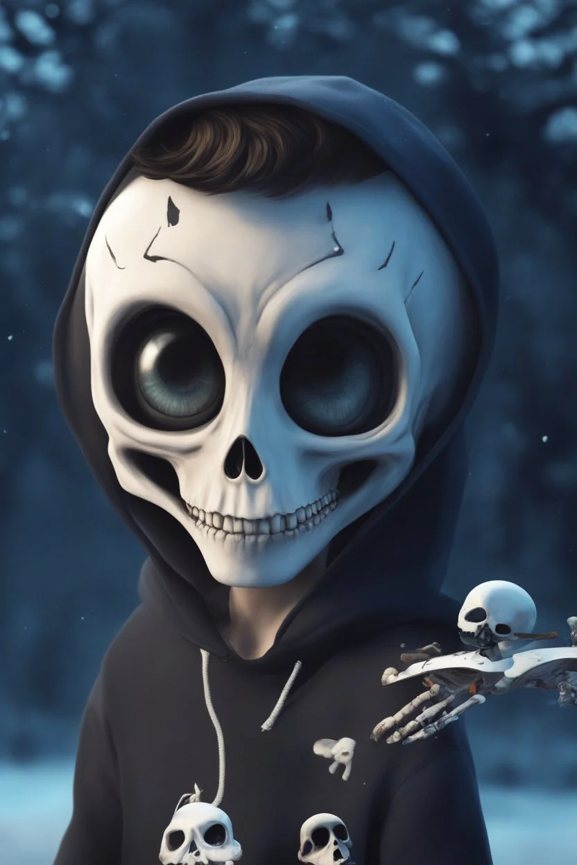 a cute animation boy, skateboarding , trendy hoody, 8 k, tim Burton skeleton style from the movie "night before Xmas", realistic animation, gothic