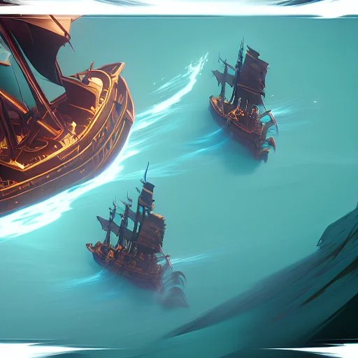 two pirate ships fighting each other at sea. They fire cannons at each other and one ship is hit and burns.