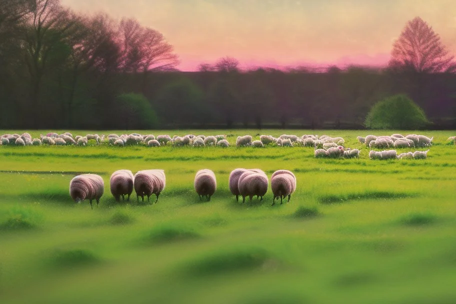 bucolic English countryside, peaceful sheep grazing in bright green grass, tiny colorful wildflowers Modifiers: extremely detailed bright studio setting 8k rose tones oil on canvas very attractive beautiful