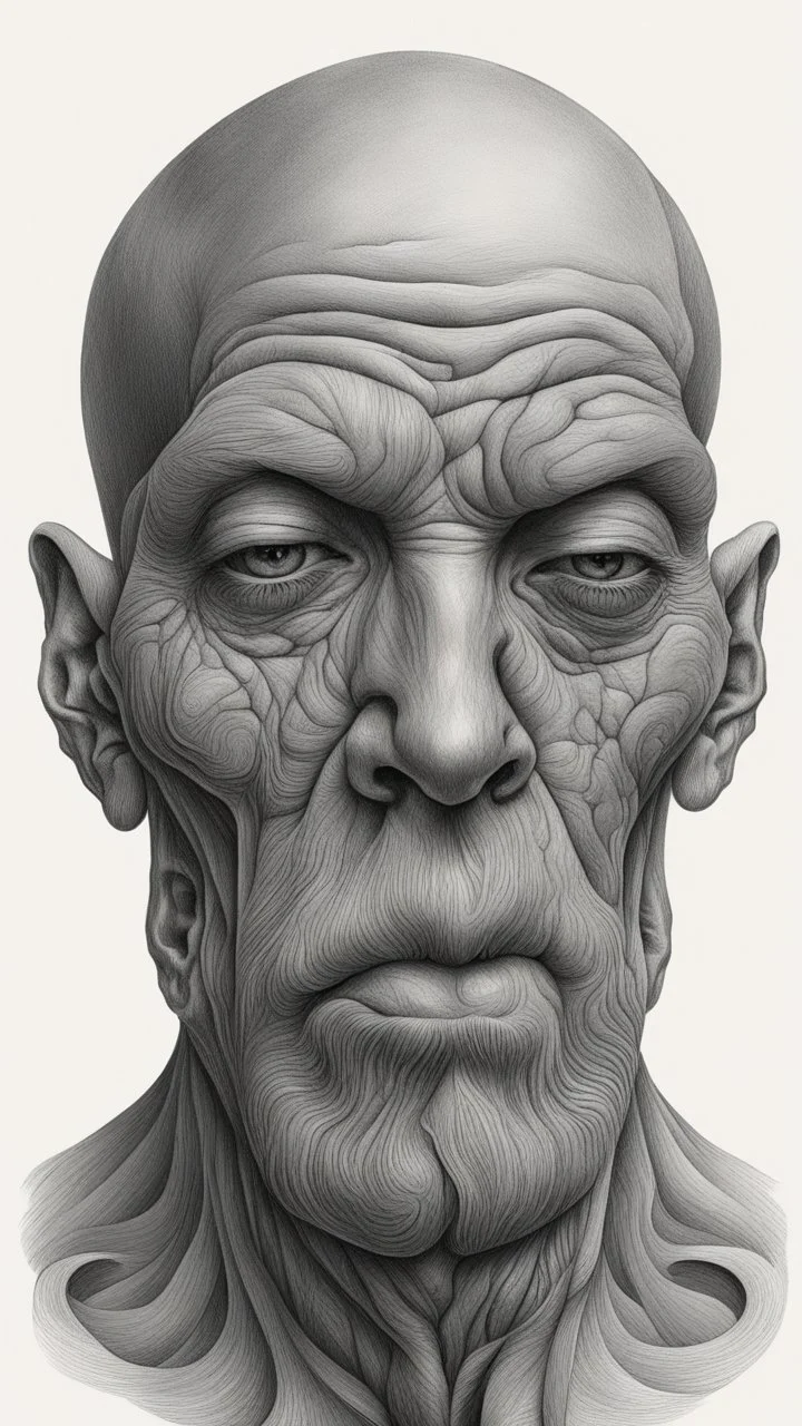 ππ§π€π’π₯π© highly detailed graphite illustration, A surreal astonishing face with exaggerated anatomical features, heavily wrinkled skin, and an intense, contemplative expression. bald head, thick eyebrows, long beard merge into swirling abstract shapes. Large, expressive hands, one covering the mouth and the other gripping the forehead tensely. Mysterious, introspective, dreamlike, somewhat dark fantasy. #ππ§πart #prompt