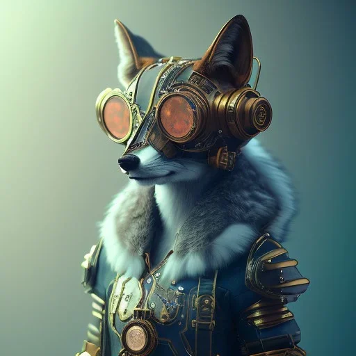 A steampunk Armor wearing Fox,cyberpunk, character design,ultra realistic,shiny, smooth, studio quality, octane render, Surrealism, Triadic colour scheme,ambient lighting polaroid, 100mm