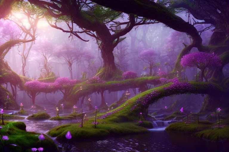 Immersive​ fantasy elven cafe in the deep forest with ancient elder tree blossom river 4k full hd