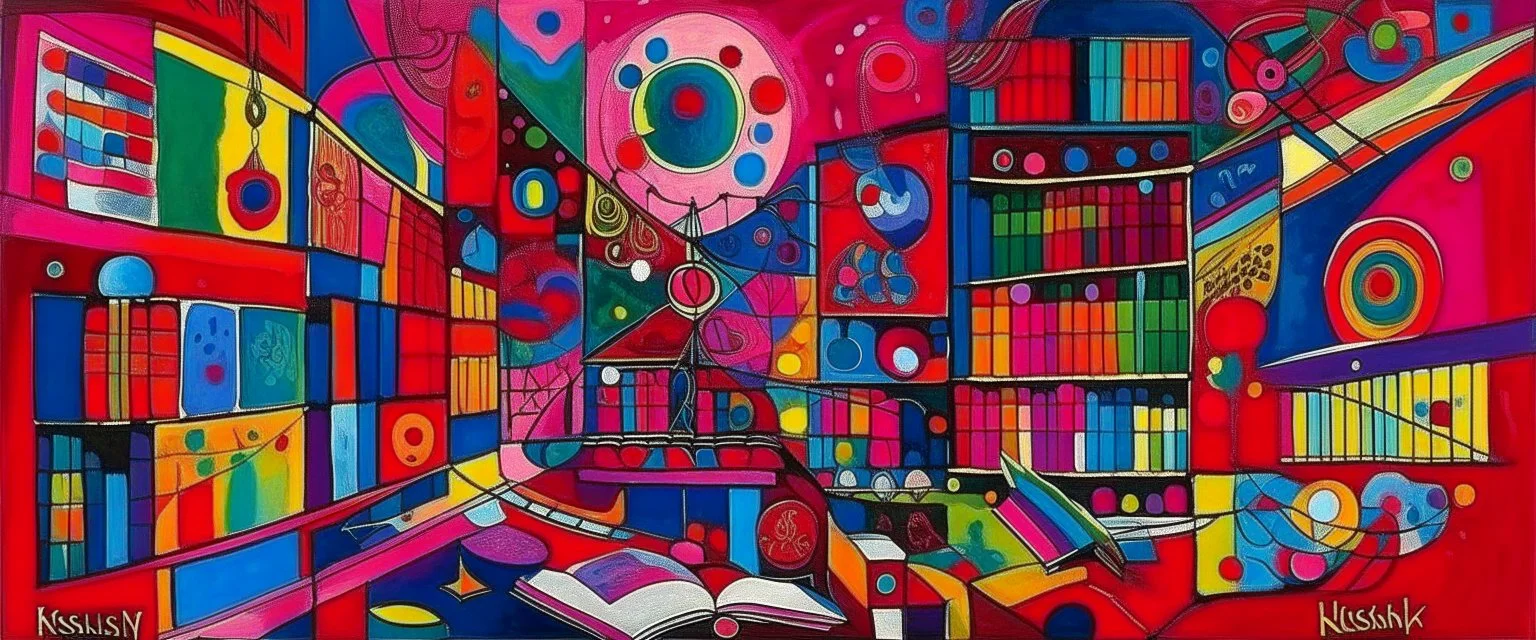 A magenta psychic's library painted by Wassily Kandinsky