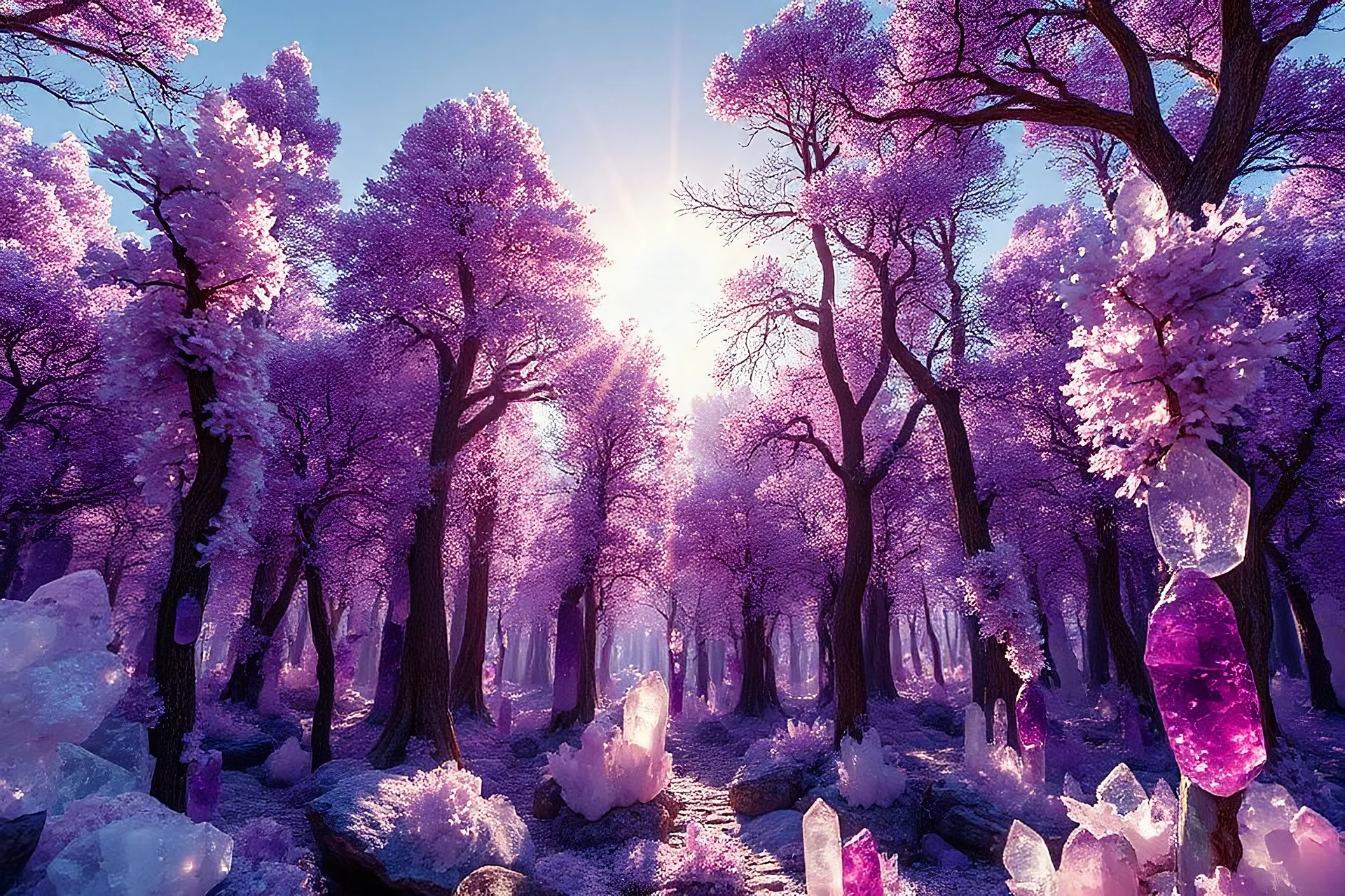 A sprawling crystal forest with trees made of gleaming quartz and amethyst, reflecting the sun's rays and casting a mesmerizing, kaleidoscopic light show.