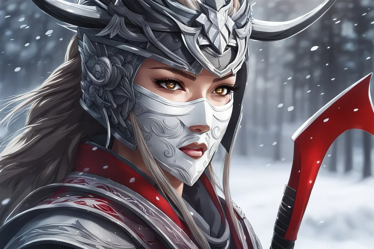 Beautiful girl ronin in 8k anime realistic drawing style, ronin custom, kindred mask, close picture, snow, apocalypse, intricate details, highly detailed, high details, detailed portrait, masterpiece,ultra detailed, ultra quality