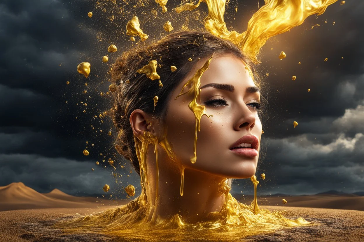 A hyper-realistic photo, beautiful face man and woman kis disintegrating into gold dripping ink and slime::1 ink dropping in water, molten lava, 4 hyperrealism, intricate and ultra-realistic details, cinematic dramatic light, cinematic film,Otherworldly dramatic stormy sky and empty desert in the background 64K, hyperrealistic, vivid colors, , 4K ultra detail, , real , Realistic Elements, Captured In Infinite Ultra-High-Definition Image Quality And Rendering, Hyperrealism