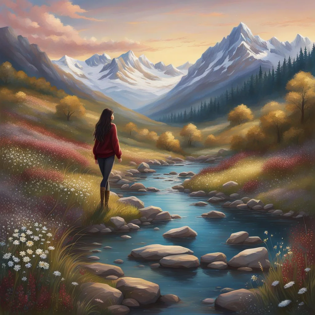 country side ,blue sky , snow on mountains, pretty clouds ,small rocky river with clear water small rocks in floor,wild flowers,beautiful Snow White, long shiny black curvy hair, wearing a burgundy sweater with the word Azerbeyjan written on it, in gold, work clothes, standing, super realistic Fairy lights, intricate detail, texture, depth, vividness, movement, namex, energy, bioluminescence, stunning, epic, ultra-detailed, 8K photography by Miki Asai Macro, close-up, extremely detailed, po