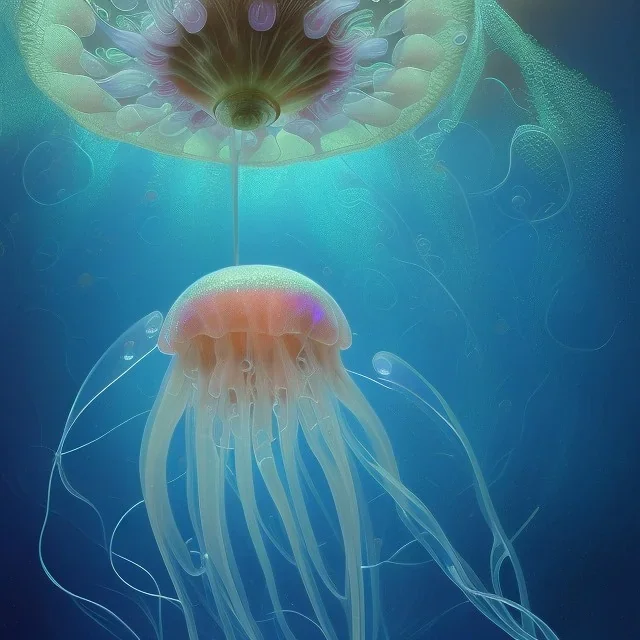 holographic jellyfish in an underwater cerulean ocean, artwork, Flickr, 8 k, detailed matte, fine-detailed, high-quality, digital art, in the style of George Grie, Anne Dittman, Anne Stokes, Lisa Parker, Selina French, alphonse mucha