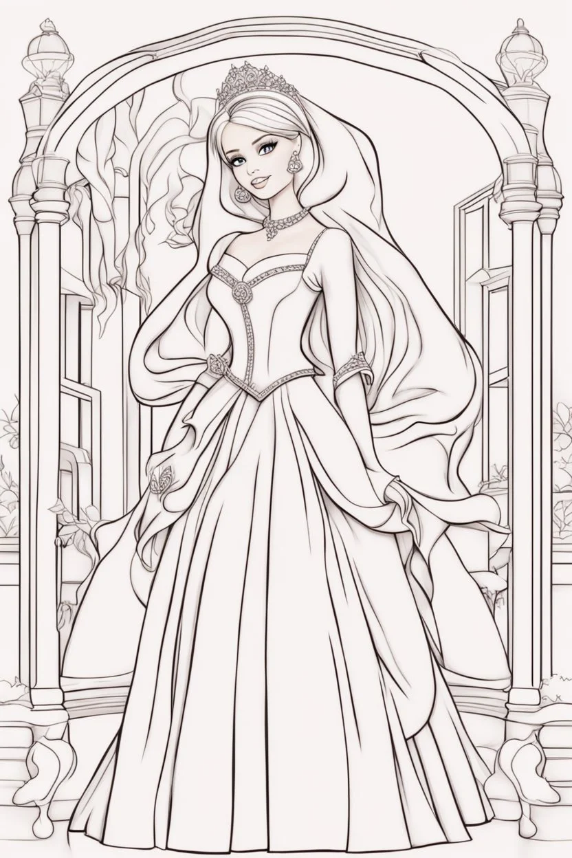 outline art for kids barbie coloring pages with barbie, white background, sketch style, full body, only use outline, mandala style, clean line art, white background, no shadows and clear and well outlined.