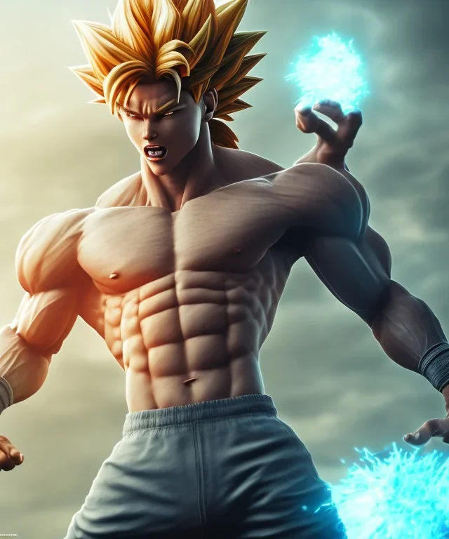 Goku, fighting pose, muscular body, shirtless, volumetric details, hyper realism, unreal engine 5