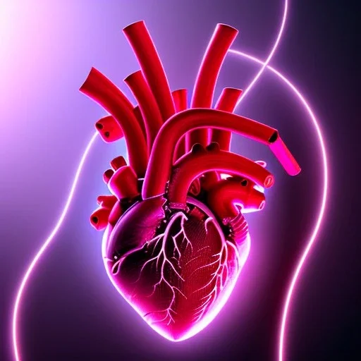 human heart, realistic, cyberpunk, hyperdetailed, intricately detailed, neon shining, dark red tones,