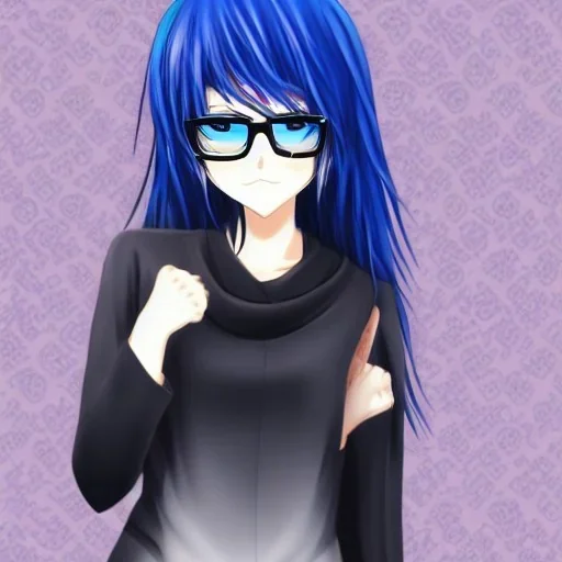 Anime girl Black clothes glases Blue hair