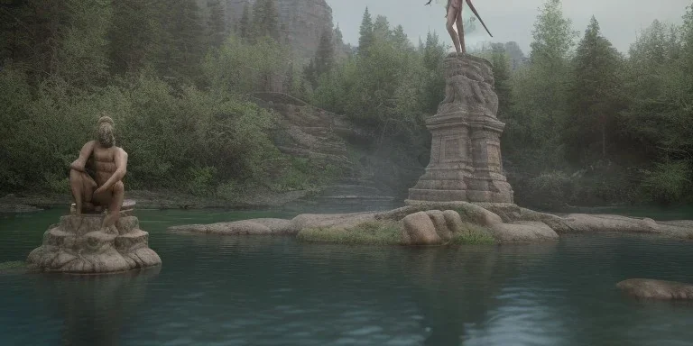 statue poseidon abandoned of stone inner between moutain, long exposure photography, swamp, water, glass, fog, highly realistic, highly detailed, intricate, 8k