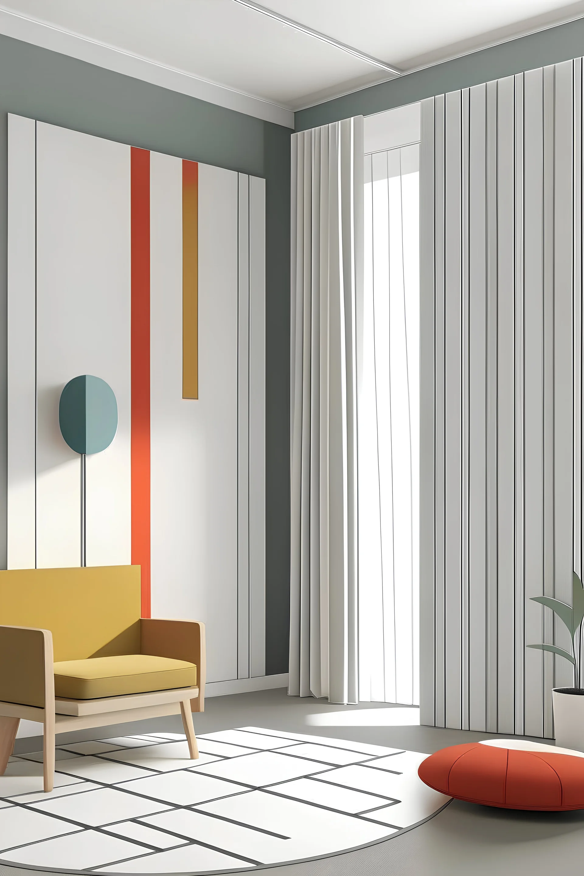 Design of textile furnishings with calm, simple colors and few decorations inspired by the Bauhaus school